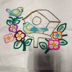 Embroidered Bird and Flower Design on Off- White Fabric Pillow Covers